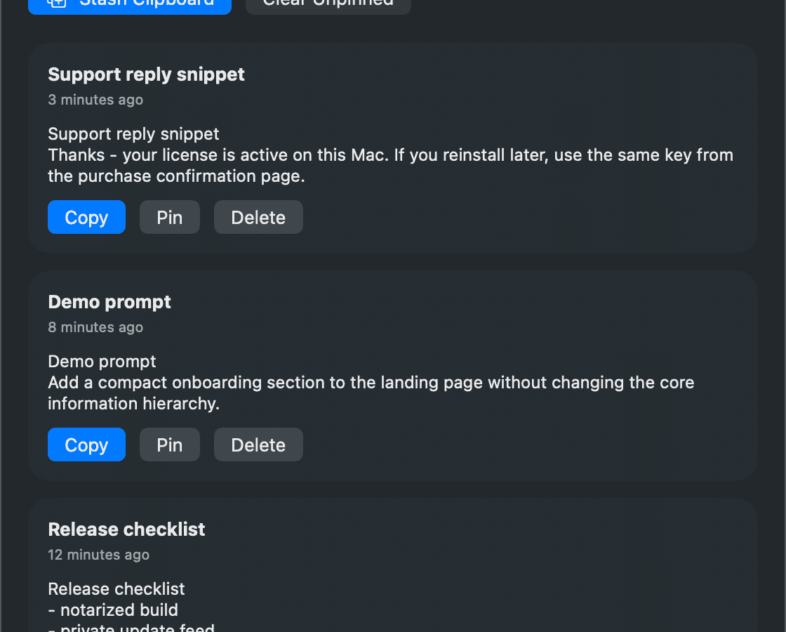 Stowbar shelf items with Copy, Pin, and Delete actions visible on each row