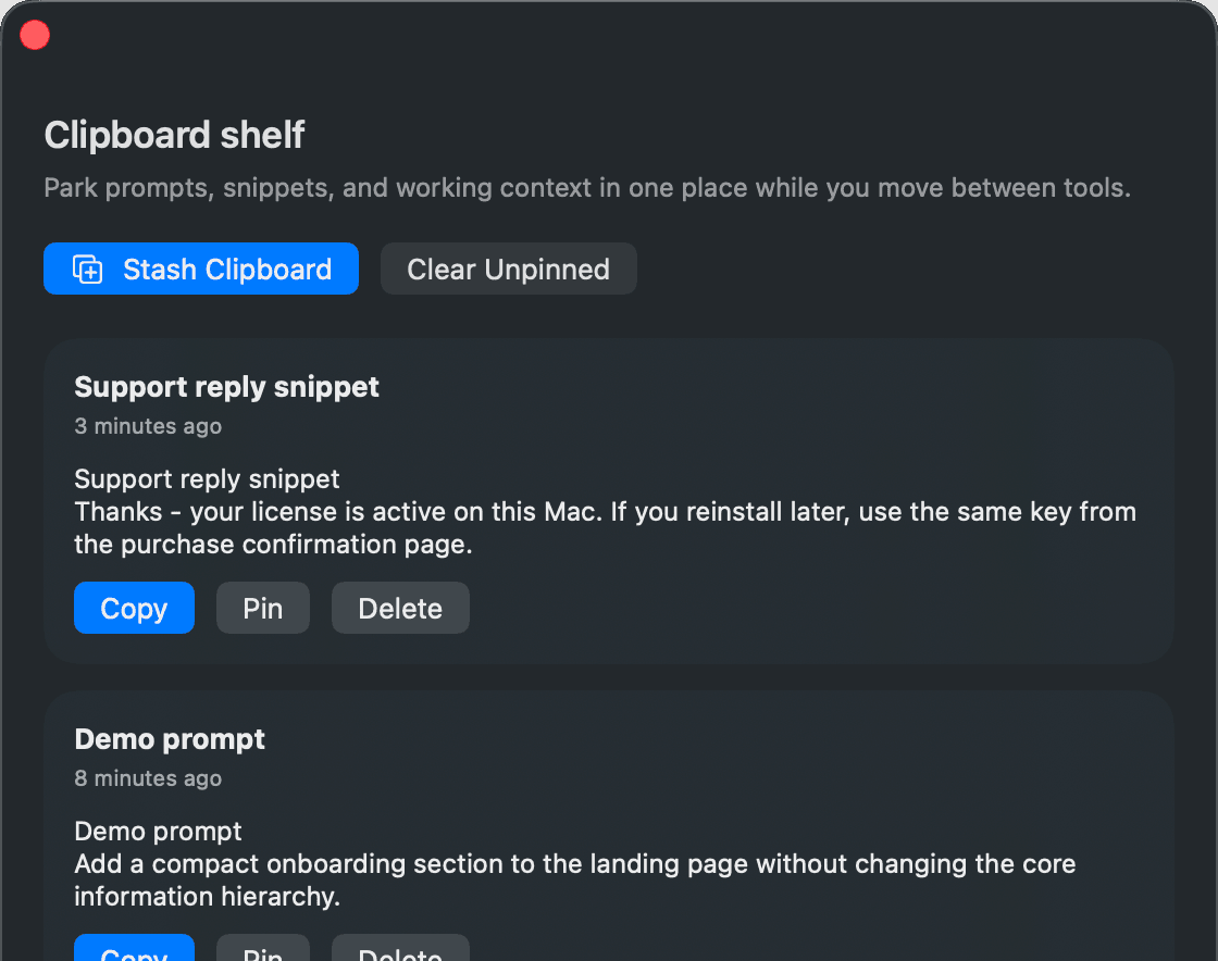 Stowbar menu bar shelf showing three stashed items: a support reply snippet, a demo prompt, and a release checklist
